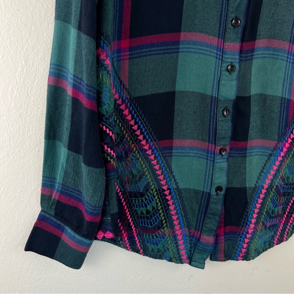 NWOT Tolani Collection Anthropologie Plaid Neon Floral Embroidered Button Down - Picture 3 of 13